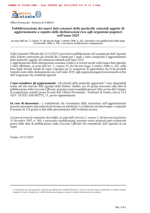 Pubblicizzazione dei nuovi dati censuari delle particelle catastali oggetto di
aggiornamento a seguito delle dichiarazioni rese agli organismi pagatori
nellanno 2025