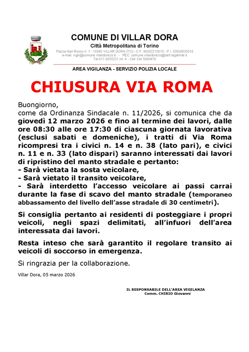 Chiusura Via Roma da Giovedì 12 Marzo